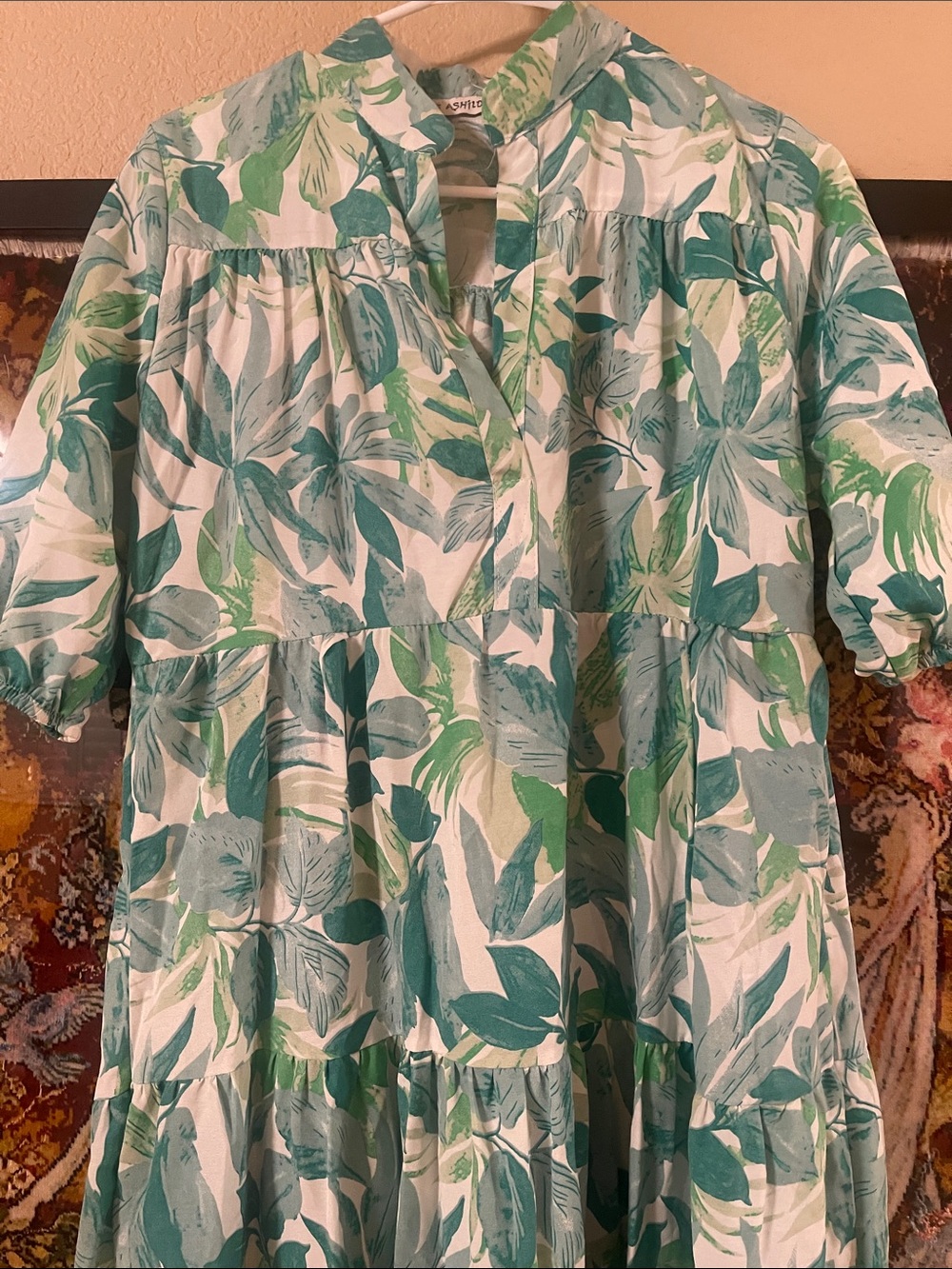 Green & White Leaf Print Tiered Midi Dress - Picture 2 of 3